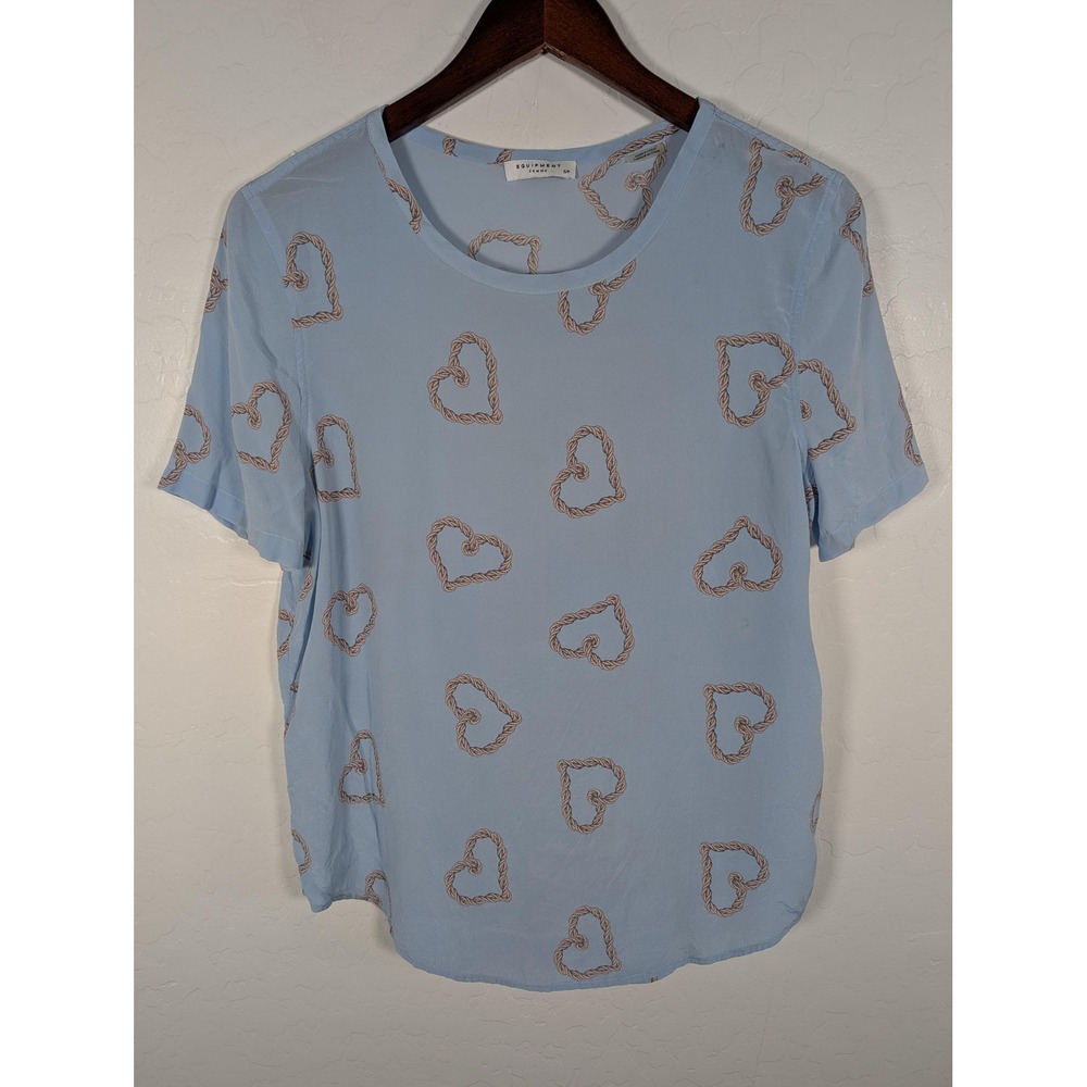 Equipment Femme Shirt Womens Small Blue Silk Rope Heart Print Short Sleeve Top